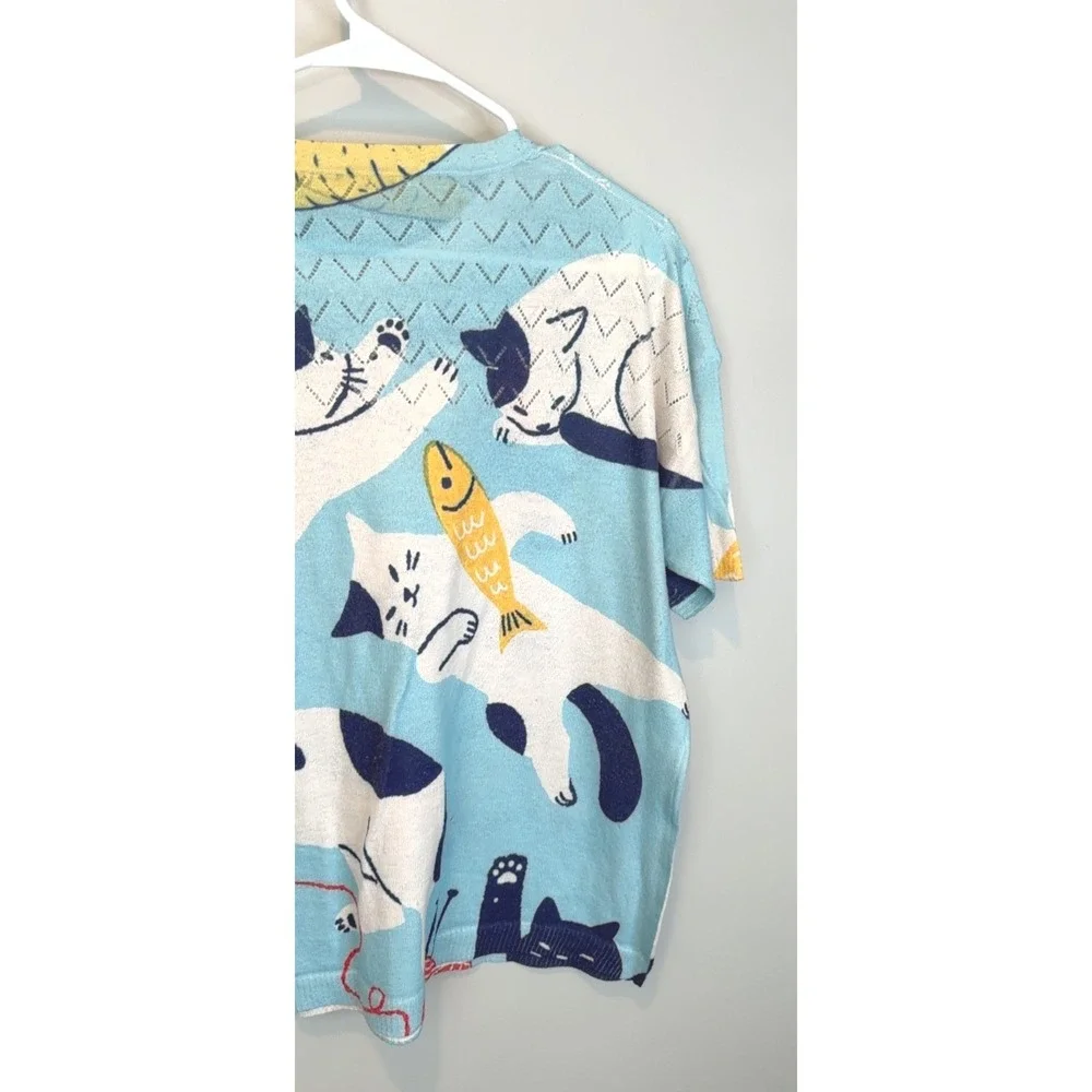 Unbranded Blue Cat‎ Print Knit Top Short Sleeve Whimsical Fish Pattern Sweater